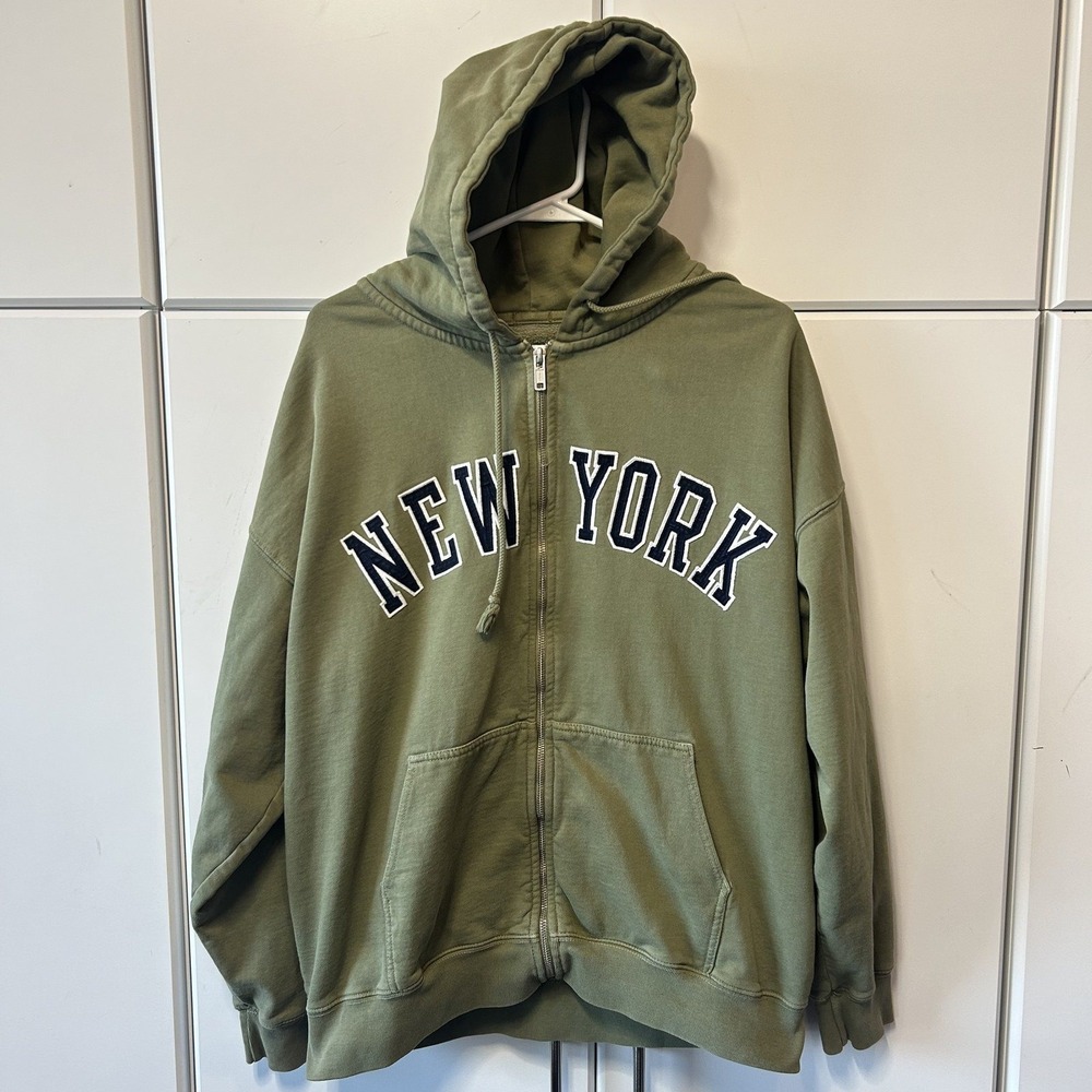 New York Graphic Zip Up Hoodie Olive Green Relaxed Fit Sweatshirt Womens L